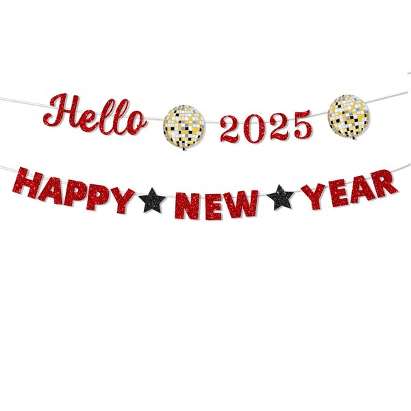 Glitter Hello 2025 Happy New Year Banner Decorations Red New Years Eve Banner Sign Party Supplies 2025 Happy New Year for Happy New Year Decorations Party Supplies 2025 Home Holiday Decorations