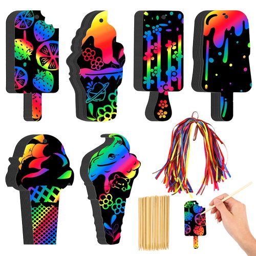 60pcs Ice Cream Scratch Cards, Rainbow Ice Cream Shaped Scratch Card Crafts Art for Decoration Supplies Classroom School Activities Presents Birthday Celebrations