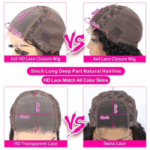 htsly 5x5 Hd Lace Closure Wigs Human Hair Water Wave 5x5 Lace Closure Wigs for Women 180 Density Curly Closure Wig Glueless Wet and Wavy Lace Front Wigs Pre Plucked Natural Black Closure Wig 24 Inch