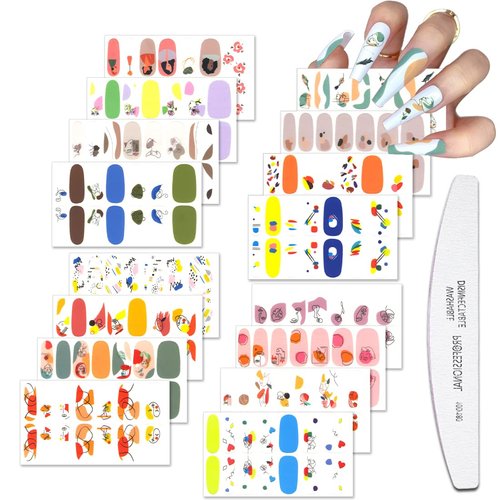 JERCLITY 16 Sheets Colorful Graffiti Blooming Abstract Painting Nail Polish Strips Self-Adhesive Full Wraps Sketch Lady Face Nail Art Decals Stickers with Nail File for Women Girls