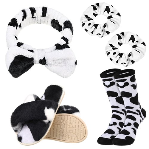 Croloose 5 Pack Cow Themed Gifts Includes Spa Headbands for Women Cow Slippers for Women Washing Face Cow Cotton Socks Cow Print Scrunchies for Cow Lovers Hair Supplies(10-11)