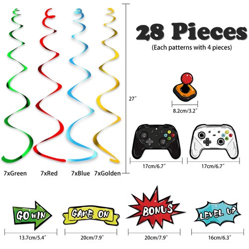Watercolor Video Game Hanging Swirl - 28 PCS Video Game Party Decorations for Boys Kids Game Theme Birthday Party Supplies Hanging Whirls Streamer Spiral Garlands Ceiling Decor