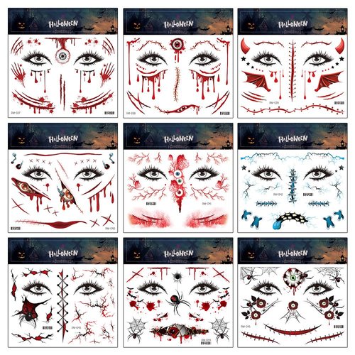 Halloween Temporary Tattoos Day of the Dead Tattoo Stickers Wound Bloody Eye Tattoo Decals 10 Sheets Fake Tattoos for Halloween Party Makeup Decorations