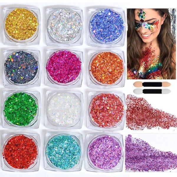 12 pcs Flash Gel Body Glitter Set, Hair and Eye Makeup Glitter Patch.