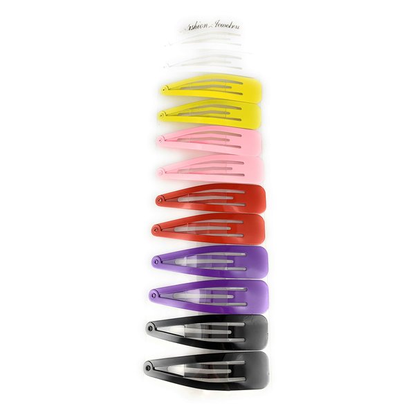 set pack of 12 metal hair accessory clips snap barrettes 2 5/8 inches wide White Yellow Pink Red Purple Black
