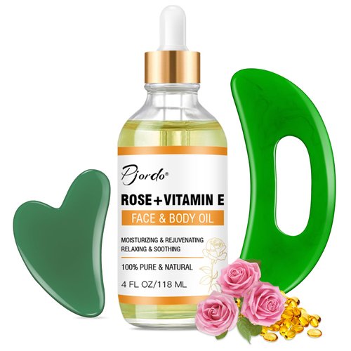 Pjordo Face & Body Vitamin E Bio Oil : Gua Sha Facial Tools Set 4 oz, Massage Oil for Moisturizing and Hydrating