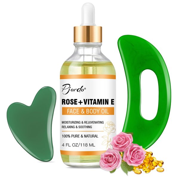 Pjordo Face & Body Vitamin E Bio Oil : Gua Sha Facial Tools Set 4 oz, Massage Oil for Moisturizing and Hydrating