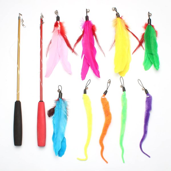 Jegtew Cat Worm Toy Refills, 11 Pcs Cat Toys Wand Replacement Accessories, Cat Wand with Bell, Interactive Cat Toy Wand Worm Refills for Cats
