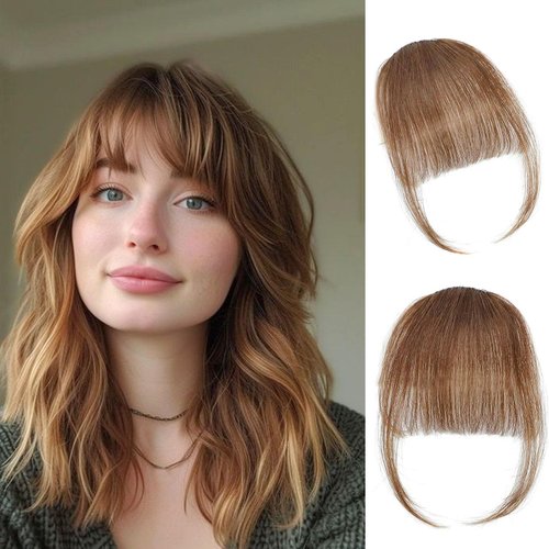 SolaireCraft Clip In Bangs 100% Real Human Hair Bangs Hair Clip Thin Bangs On Hairpiece On Air Bangs With Temple Wispy Bangs Hair Extensions for women Daily Use Hair Accessories（Light brown）