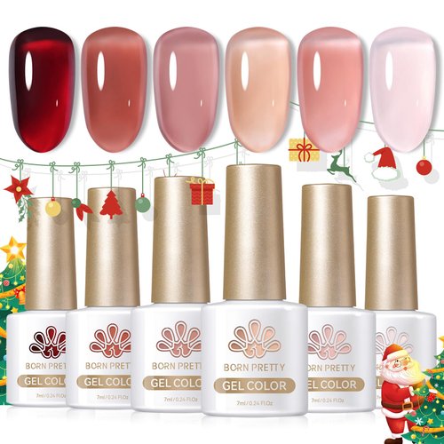 Born Pretty Jelly Gel Nail Polish Set Burgundy Wine Red Gel Polish Crystal Transparent Gel Polish Kit Nail Art Varnish Manicure Collection Christmas Valentine's Day Gift Set 7ML 6PCS