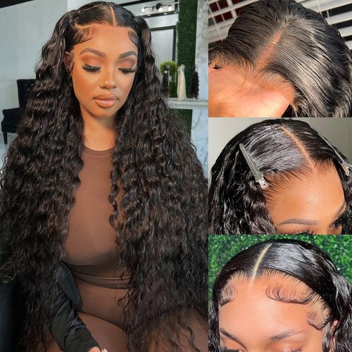 16 Inch Deep Wave Lace Front Human Hair Wigs Pre Plucked Brazilian Virgin Deep Wave Human Hair Wig with Baby Hair Glueless Lace Front Wigs 9A 150% Density 4x4 Pre Plucked Lace Wig Natural Hair Line