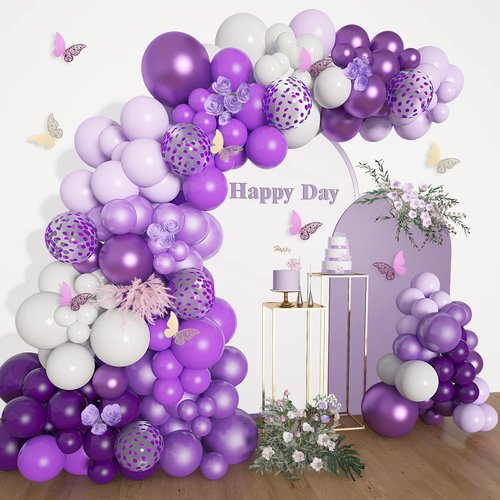 152Pcs Purple Balloons Garland Arch Kit White Purple Confetti Latex Metallic Balloons with Paper Butterfly for Baby Shower Wedding Engagement Purple Butterfly Birthday Party Decorations Supplies