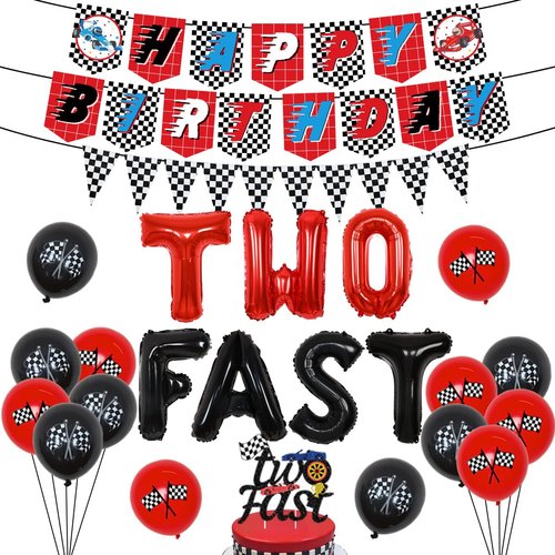 Sursurprise Race Car 2nd Birthday Party Supplies Two Fast Balloons Cake Topper Race Car Happy Birthday Banner for 2 Year Old Boys Racing Theme Birthday Party Decorations