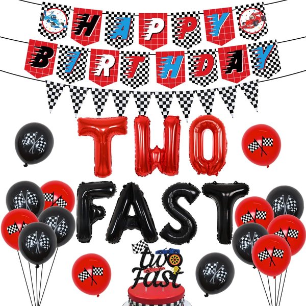 Sursurprise Race Car 2nd Birthday Party Supplies Two Fast Balloons Cake Topper Race Car Happy Birthday Banner for 2 Year Old Boys Racing Theme Birthday Party Decorations