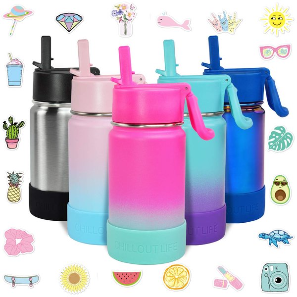 CHILLOUT LIFE 12 oz Kids Insulated Water Bottle for School with Straw Lid Leakproof and Cute Waterproof Stickers, Personalized Stainless Steel Thermos Flask Metal Water Bottle for Girls & Boys