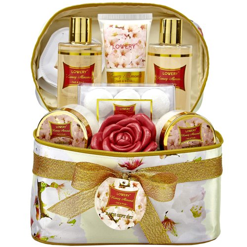Christmas Basket, Bath and Body Gift Basket For Women – Honey Almond Home Spa Set with Fragrant Lotions, 6 Bath Bombs, Reusable Travel Cosmetics Bag and More, 14 Piece Set, Birthday & Thank You Gifts