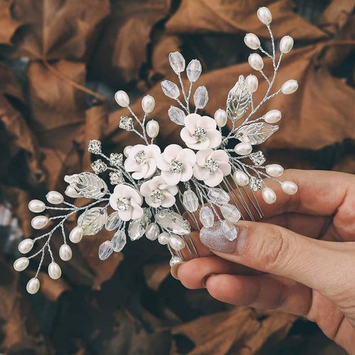 CASOLVX Bride Hair Comb Hair Clips Flower Leaf Headpiece Pearl Wedding Hair Accessories for Brides Bridesmaids Women