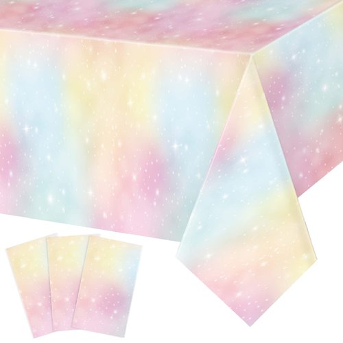 Tiamon 3 Pcs Pastel Rainbow Tablecloths Unicorn Table Cloth Birthday Party Decorations Plastic Disposable Rainbow Tie Dye Table Covers for Rainbow Unicorn Party Supplies, 54 x 108 in (Yellow)