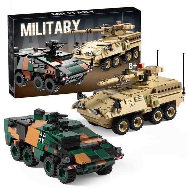 US Stryker & German Boxer Military Vehicles Building Sets Compatible with Lego, Create 2 Classic Wheeled Armored Vehicles Toy Models, Great Army Toys for Boys Kids and Teens Ages 8-14