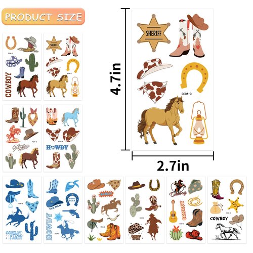 JoyfulGlam 75 PCS Male Cowboy Temporary Tattoos Rodeo Birthday Party Tattoos Stickers For Boys And Girls First Birthday Party Decorations Supplies
