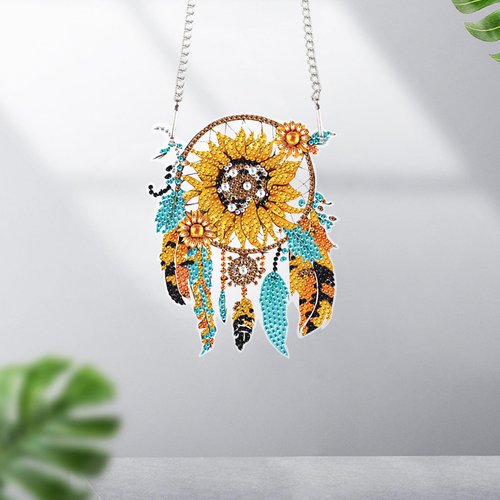 Sunflower Dream Catcher Diamond Painting Kit Ornament with Hanging Chain DIY Diamond Art Hanging Pendant Paint by Number Stained Glass Wall Art for Adults Home Wall Decor Gift