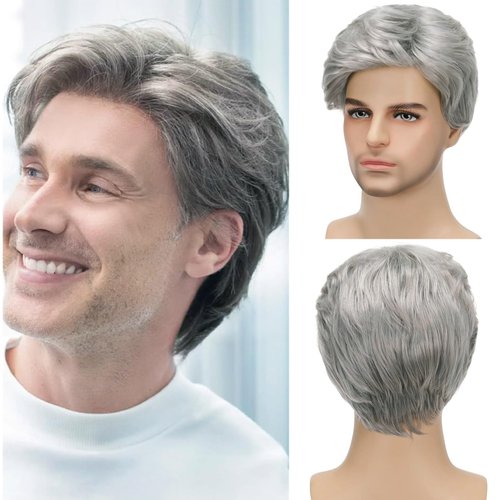 Sabosi Men&#39;s Grey Wigs Short Wigs Natural Looking Heat Resistant Synthetic Hair with Adjustable C...