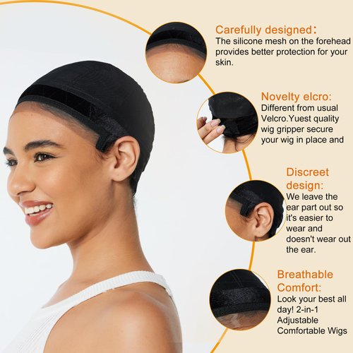 Wig Cap with Grip Band Wig Grip Cap for Women Glueless Wig Cap Adjustable Wig Caps Anti Slip Grips Accessories for Keeping Wigs Lace Front In Place(black)