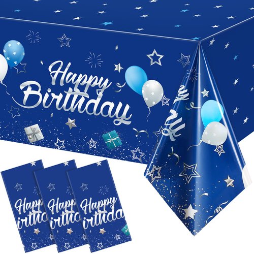 Tegeme Navy Blue Party Supplies Blue Stars Happy Birthday Tablecloths Blue Starry Confetti Table Covers for Kids Boys Girls Baby Shower Birthday Party Decorations (Navy Blue and Silver, 3 Pack)