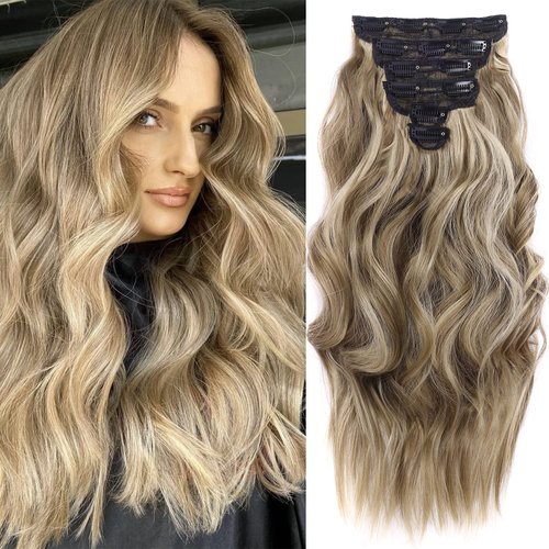 ELIO Clip in Hair Extensions, 20 Inch 6PCS Synthetic Long Thick Wavy Hair Clip Ins Extensions Dou...
