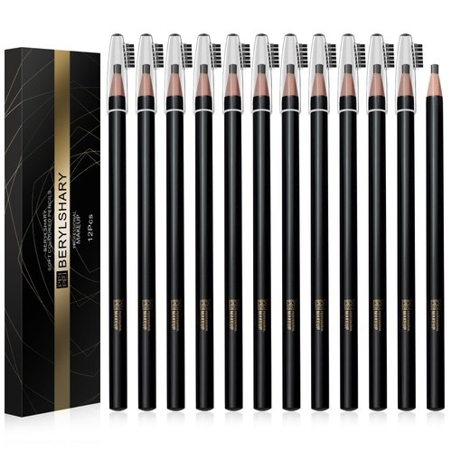 BERYLSHARY waterproof pull eyebrow pencil, 12 pieces, dark brown, light brown, black, sweat resistant, long-lasting and non discoloring, essential for beginners (12 PCS BLACK)