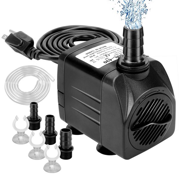 GROWNEER 550GPH Submersible Pump 30W Ultra Quiet Fountain Water Pump, 2000L/H, with 7.2ft High Lift, 3 Nozzles, 4.9 Feet Tubing for Aquarium, Fish Tank, Pond, Hydroponics, Statuary