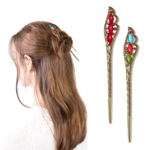 YFKEJI 2 PCS Vintage Rhinestone Hair Sticks, Hair Chinese Chopsticks Antique Retro Hair Fork for Women, Traditional Cheongsam Hair Pins, Chignon Pins Elegant Ethnic Style, Red & Colorful(B#)