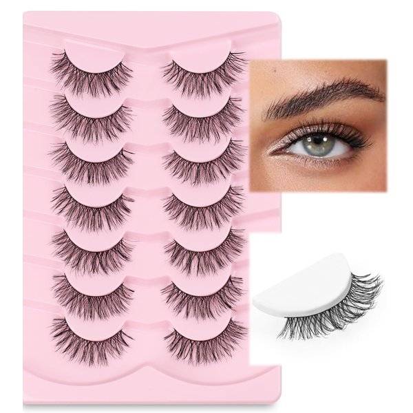 Natural Lashes False Eyelashes 14mm Strip Eyelashes Soft Wispy Lashes Thin Memory Band Volume Eye Lashes Pack C Curl Natural Eyelashes Fake Lashes 7 Pair EVENTILL