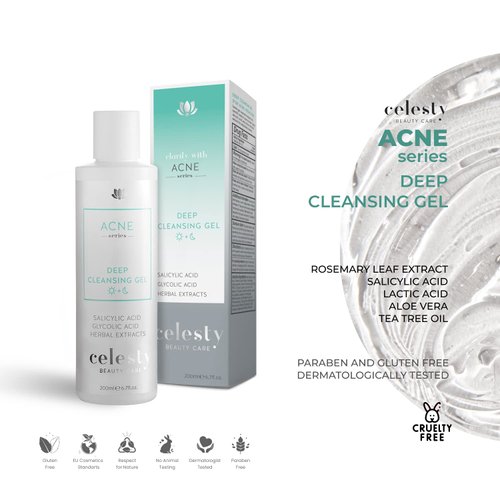 Celesty Beauty Facial Acne Cleanser Gel Deep Face Cleansing Salicylic Glycolic Acids and Herbal Extracts