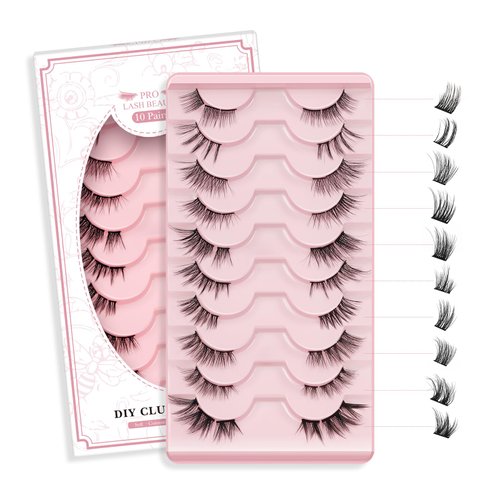 Lash Clusters 10 Pairs Cat Eye Lashes Russian Fluffy Lashes that Look Like Extensions Wispy Eyelash Clusters Volume DIY Lash Extension Soft and Easy to Wear (10 Pairs,Half Lashes-Mix)
