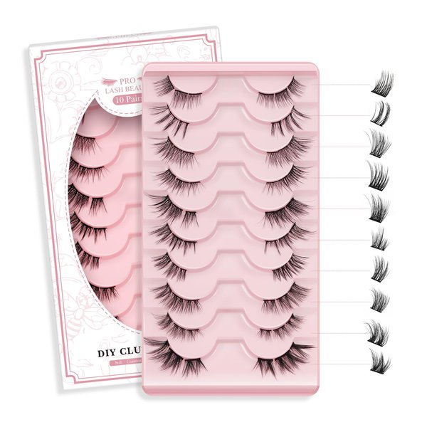 Lash Clusters 10 Pairs Cat Eye Lashes Russian Fluffy Lashes that Look Like Extensions Wispy Eyelash Clusters Volume DIY Lash Extension Soft and Easy to Wear (10 Pairs,Half Lashes-Mix)