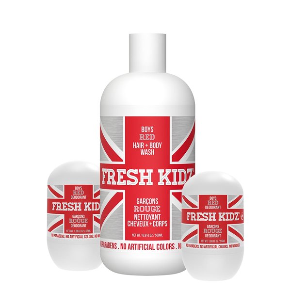 Fresh Kidz Hair & Body Wash 16.9 fl.oz. and 2 Roll On Deodorants 1.86 fl.oz. for Kids and Teens - Boys Red Set