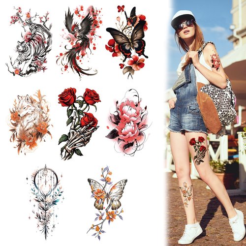 8 Pcs Fake Temporary Tattoos Adult Waterproof Realistic Floral Fake Body Tattoos for Women Tattoo,Chest Abdomen Arm and Thigh Tattoo Stickers