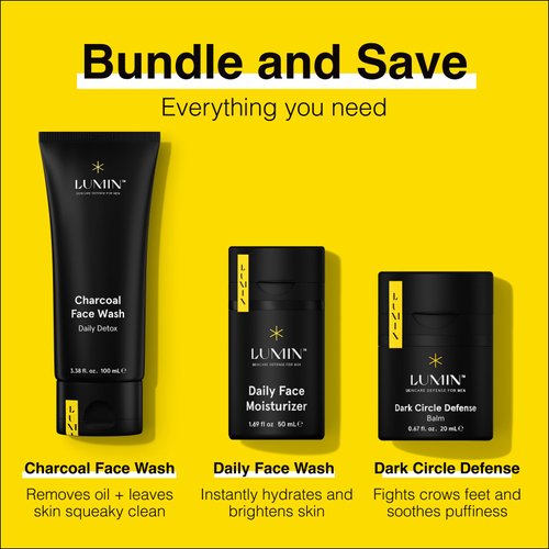 Lumin - No Baggage Trio - A skincare kit, Includes: Charcoal Face Wash Daily Detox, Daily Face Moisturizer & Dark Circle Defense Balm, Ideal for fine lines & dark circles, Suitable for all skin types