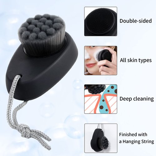 2 Pack Facial Cleansing Brush 2 in 1 for Face Exfoliation, Beomeen Soft Bamboo Charcoal Microfiber Bristle Dual Face Silicone Scrubber Brush for Pore Deep Cleansing Skincare with Lid, Black+Gradient