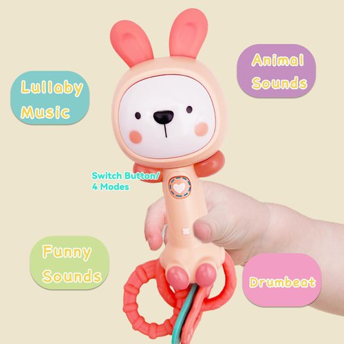 BIBEBRE Musical Rabbit Light-Up Toy and Teething Ring for Toddlers Sensory Chew and Fine Motor Skills Toy Baby Rattle and Teething Toys for 6 12 18 Month Babies (Rabbit)