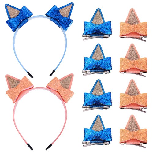 4 Pairs Dog Ears Hair Bow Clips and 2pcs Glitter Headbands Set, Bowknot Hair Bows Cute Hair Accessories for Girls Halloween Cosplay Christmas Birthday Party Supplies (Blue, Orange)