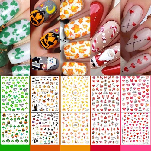 30 Sheets All Holiday Nail Stickers, St. Patrick's Halloween Christmas Valentine's Thanksgiving Day Nail Art Decals Mixed All Season Set, Self-Adhesive Year-Round Manicure Decorations Supplies