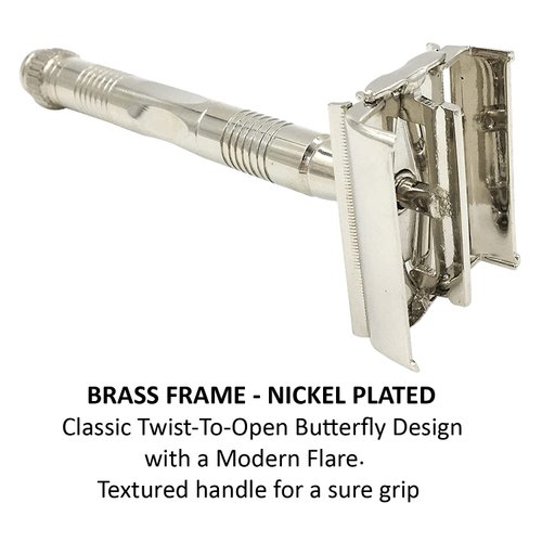 Parker, 90R Nickel Plated Long Handle Butterfly Open Double Edge Safety Razor for Men, 5 Parker Premium Platinum Double Edge Razor Blades Included