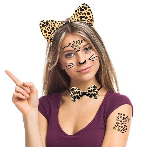 CBLUO 5 Pcs Halloween Leopard Cat Ears Headband Bow Tie Tail Temporary Face Stickers Tattoos Cat Hair Hoops Bands Women Bowtie Headpiece Hairband Cosplay Dress Up Masquerade Birthday Party Supplies