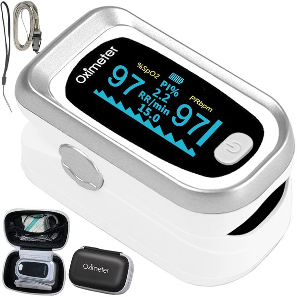 Pulse Oximeter Fingertip, Oxygen Meter Finger Pulse Oximeter, Oximeter Blood Oxygen Saturation Monitor, Accurate SpO2 Pulse Reading, Pulse OX with Carrying Bag and Lanyard (Silver-White)