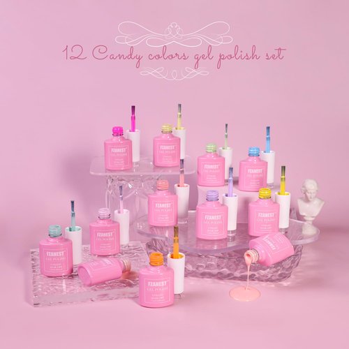 FZANEST Hema Free Gel Nail Polish Set,12 * 7.5ml Spring Summer Macaron Candy Colors UV Gel Polish Kit,Light Soft Nude Pink Green Blue Purple Yellow Gel Nail Art Manicure