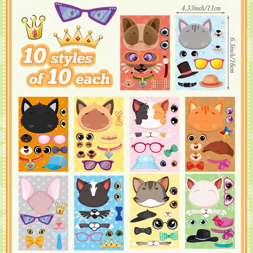 100 Sheets Cats Stickers for Kids Make Your Own Cats Stickers Animal Stickers for Birthday Gift Party Favors Supplies Teacher Art Games Activity Craft Reward