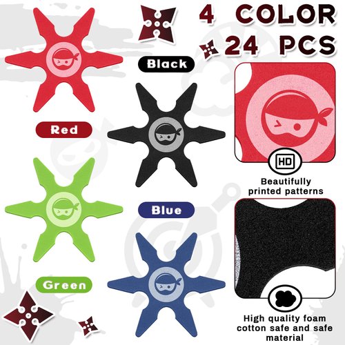 Ninja Foam Star Toys Small Throwing Foam Stars Foam Throwing Toys Ninja Party Favors for Birthday Party Costume Accessory Halloween Cosplay, 4 Inch(24 Pcs, Blue, Red, Black, Green)