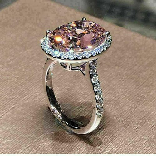 925 Sterling Silver Shiny Full Diamond Ring Pink Zircon Fashion Exquisite Oval Pink Promise Ring CZ Diamond Multi Row Ring Eternal Engagement Wedding Ring Jewelry-Making-Patterns
